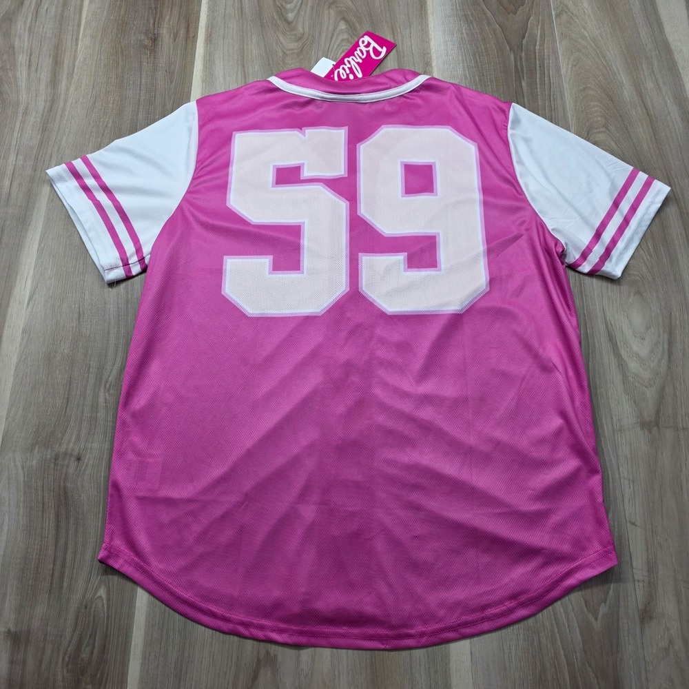 Barbie Baseball Jersey Pink White Button Up Logo 59 Graphic Shirt Large Womens - Picture 2 of 13